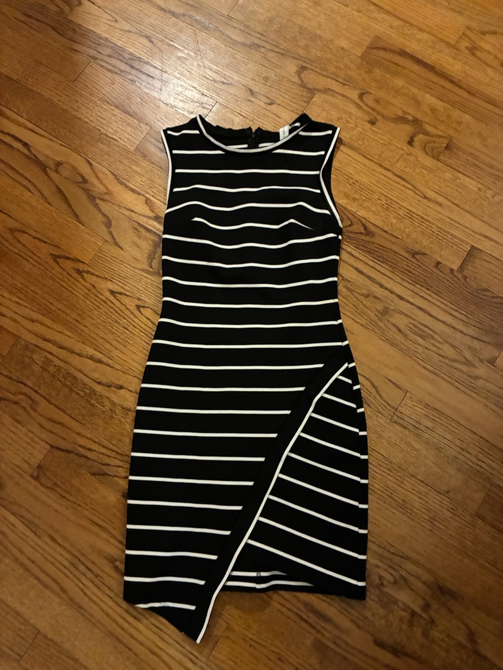bec + bridge Black and White Striped Asymmetric Midi Dress